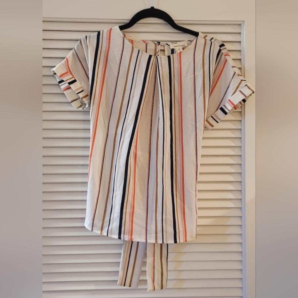 Monteau - Striped Lightweight Short-Sleeve Top With Tie Back & Keyhole Detail